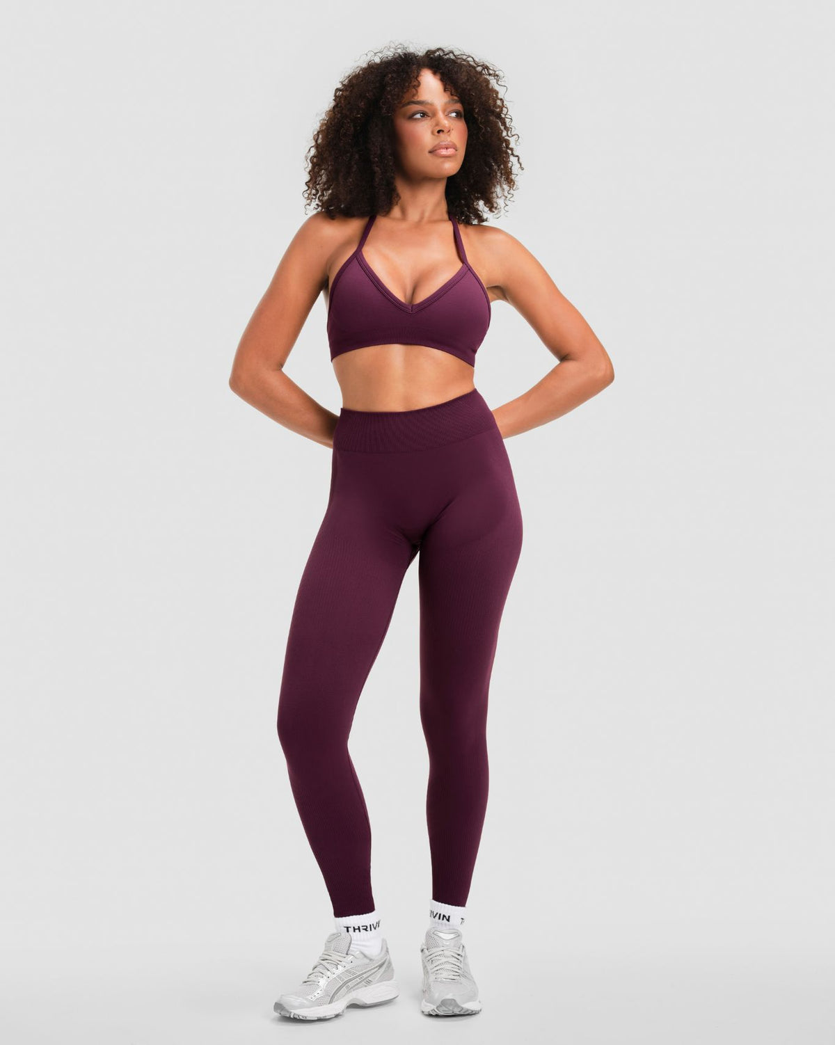 Elevate Sculpting Mid Waist Scrunch Leggings in Winter Plum Red, full-length front view with mid waist