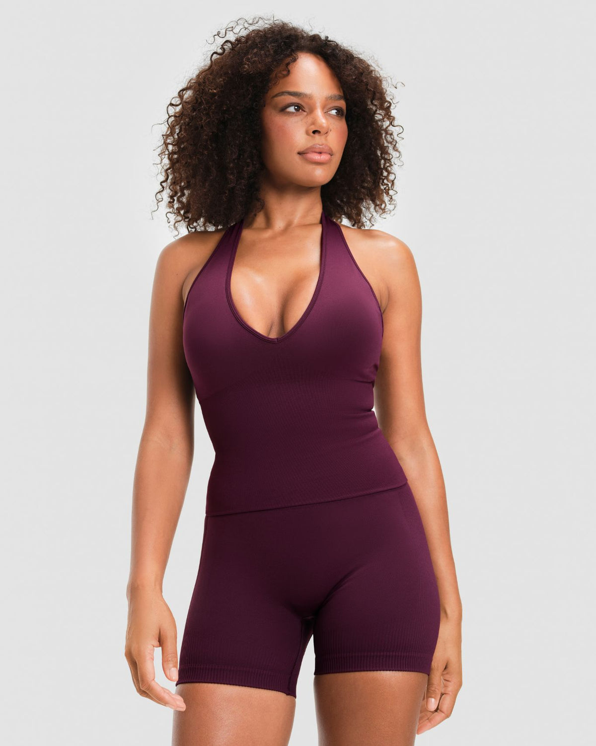 Elevate Sculpting Seamless Halterneck Top in Winter Plum Red, front view with plunge V-neck and halter neckline