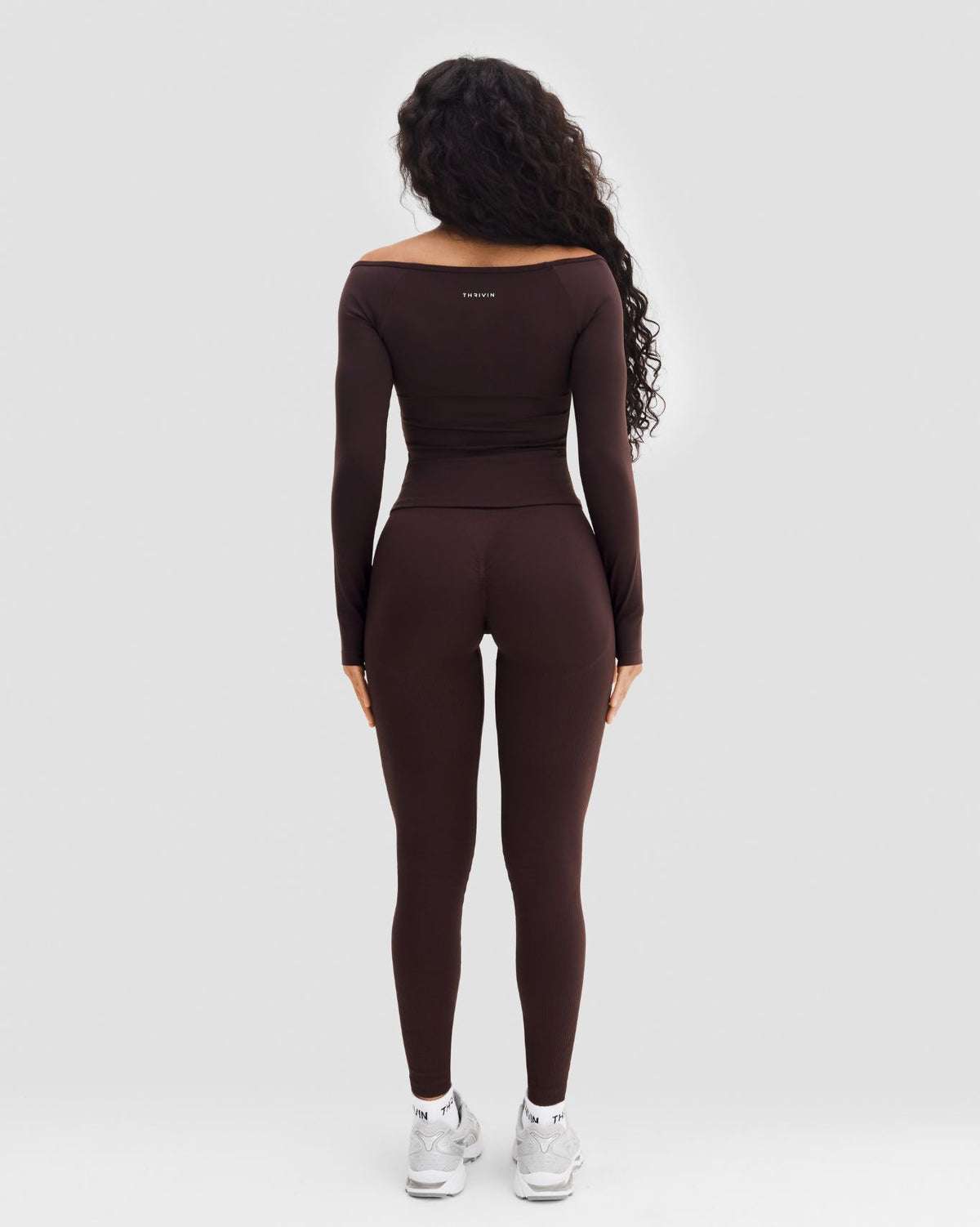 Elevate Sculpting Seamless V-Neck Top in Coffee Brown, full-length back view