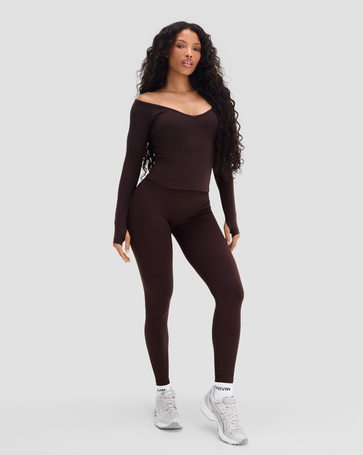 Elevate Sculpting Seamless V-Neck Top in Coffee Brown, full-length front three-quarter view