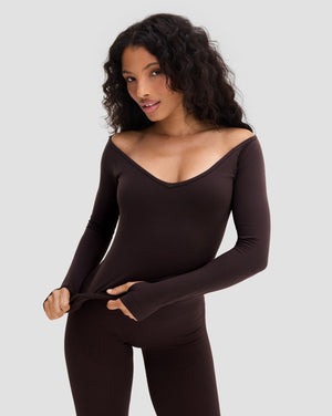 Elevate Sculpting Seamless V-Neck Top in Coffee Brown, front three-quarter view with wide V-neck and thumbholes
