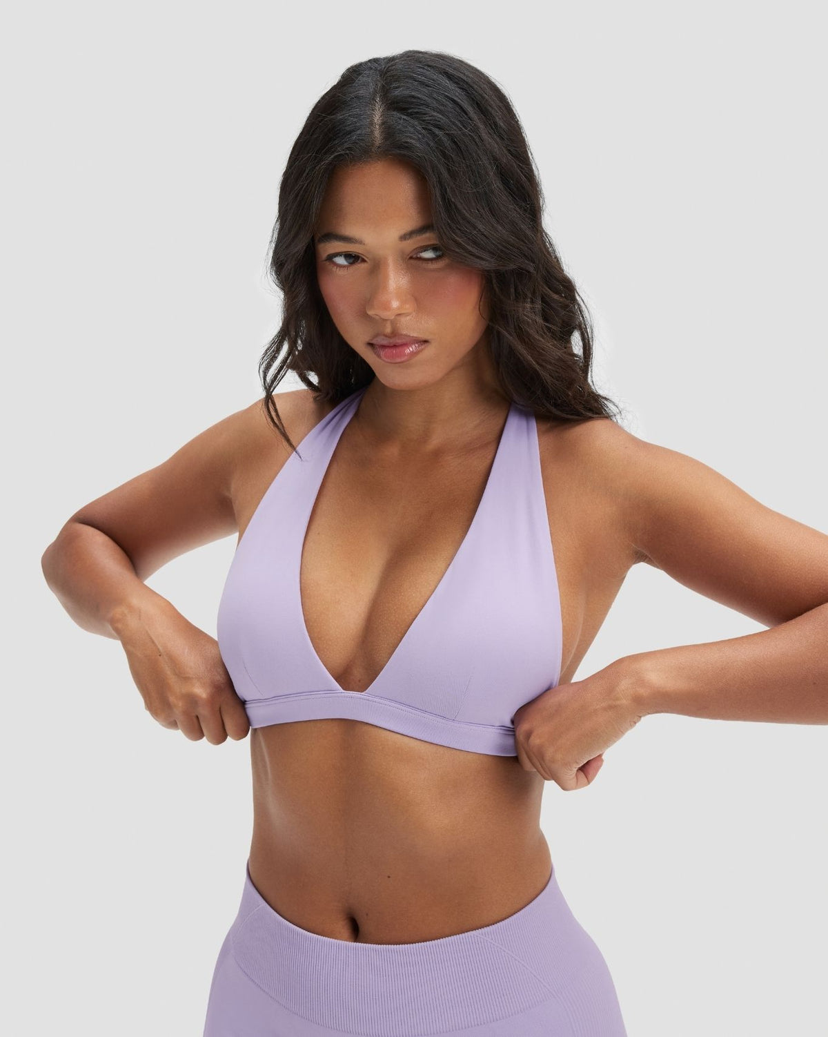 Elevate Sculpting Seamless V-Neck Halter Bra in Lilac, front view of V-neck halter styled with matching leggings