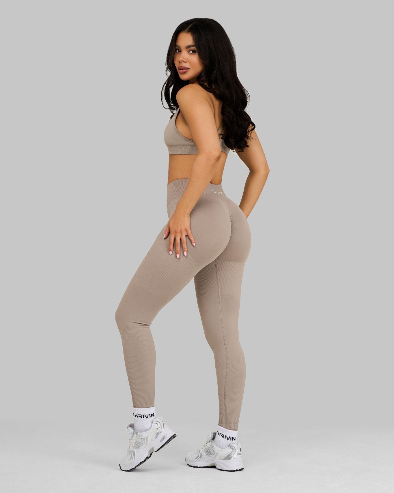 Sculpting Mid Waist Scrunch Bum Leggings - Latte | Thrivin