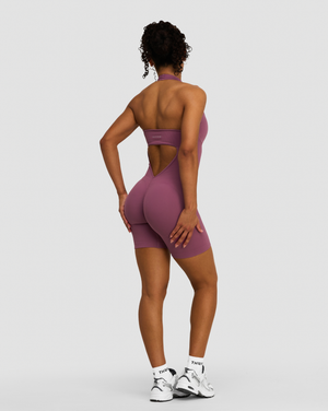 Elevate Sculpting Halterneck All In One in Orchid Mauve, full-length back view with halter neck, open back and scrunch seam