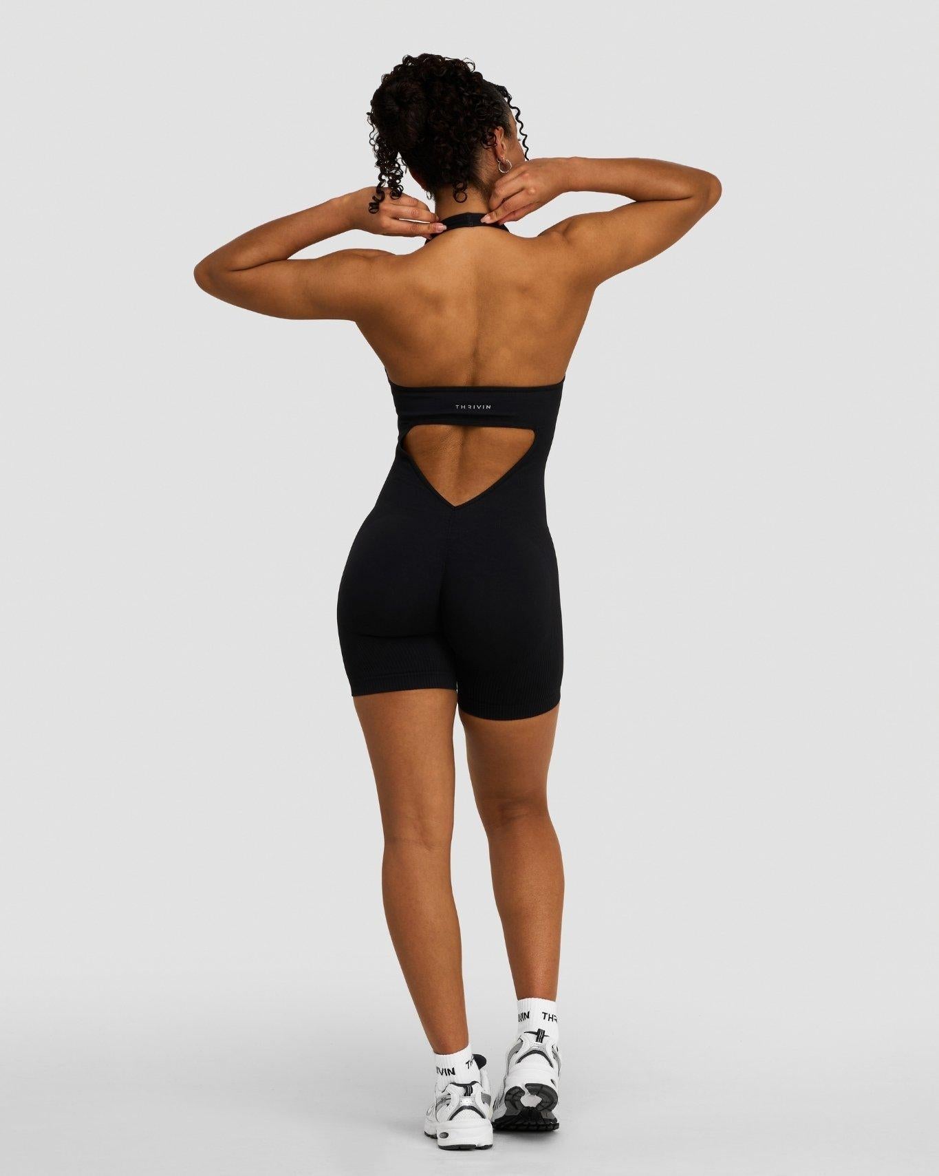 Black Gym Jumpsuit | Women's Halterneck All In One | Thrivin